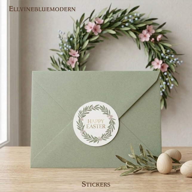 Minimalist Botanical Wreath Happy Easter Classic Round Sticker (Chic floral foliage design: the perfect sophisticated seal for invitations or spring gift baskets.)