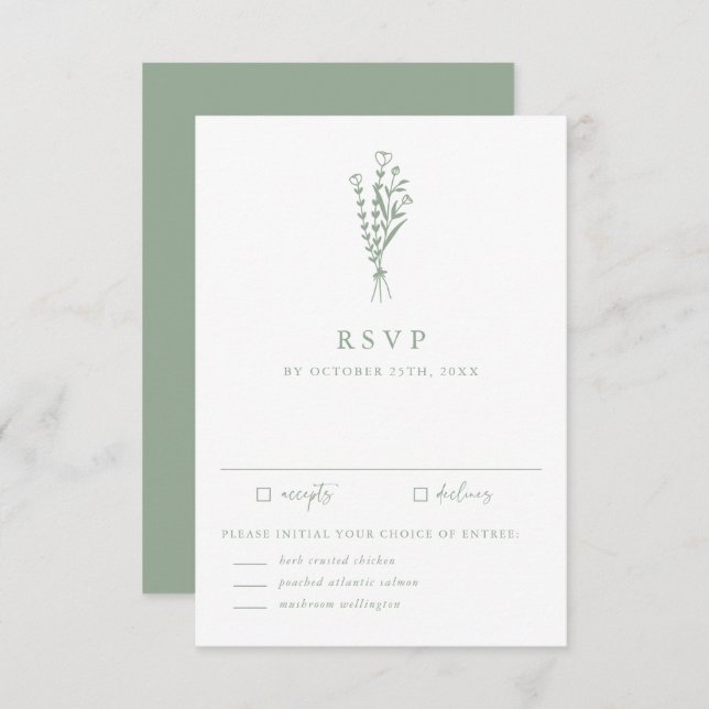 Minimalist Botanicals Sage Green Wedding RSVP Card (Front/Back)