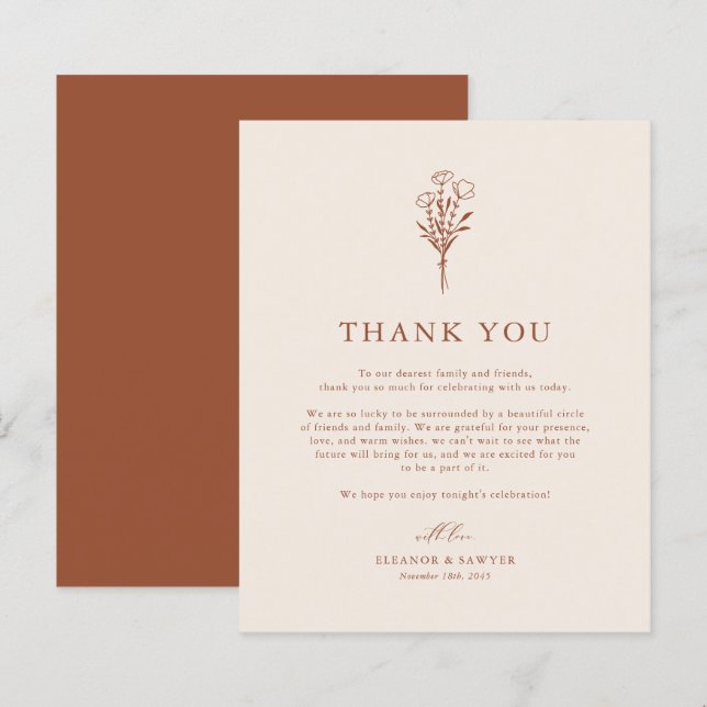 Minimalist Botanicals Terracotta Wedding Thank You (Front/Back)