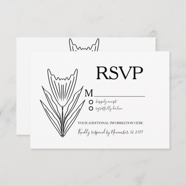 Minimalist Botany Floral Line Art Wedding RSVP Invitation (Front/Back)