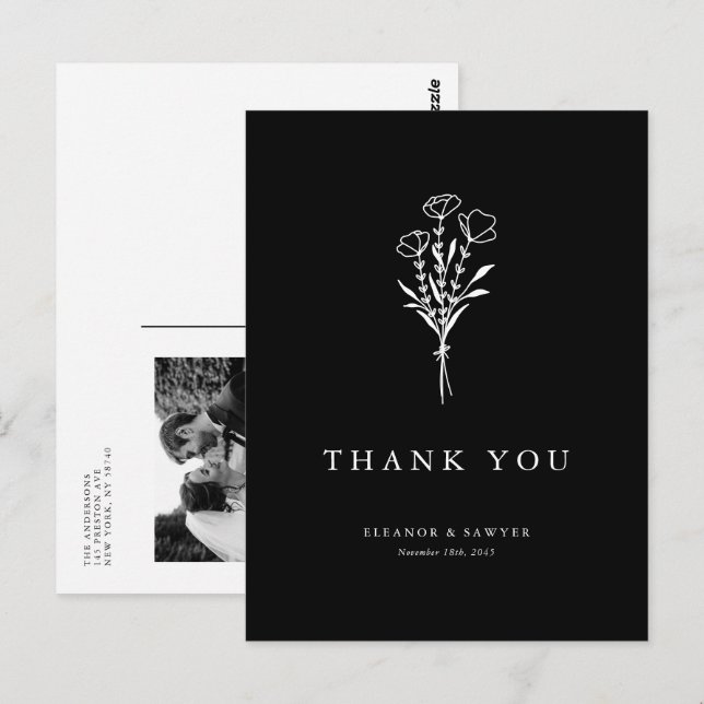 Minimalist Bouquet Black Photo Wedding Thank You Postcard (Front/Back)