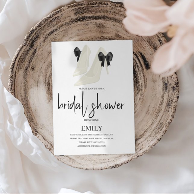 Minimalist Bow Black Wedding Heels Bridal Shower Invitation (Creator Uploaded)