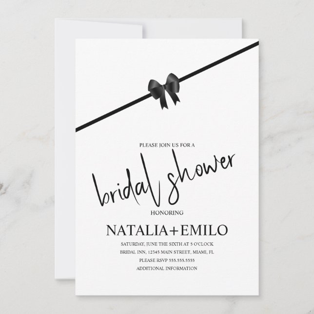 Minimalist Bow Black White Bridal Shower Brunch Invitation (Front)