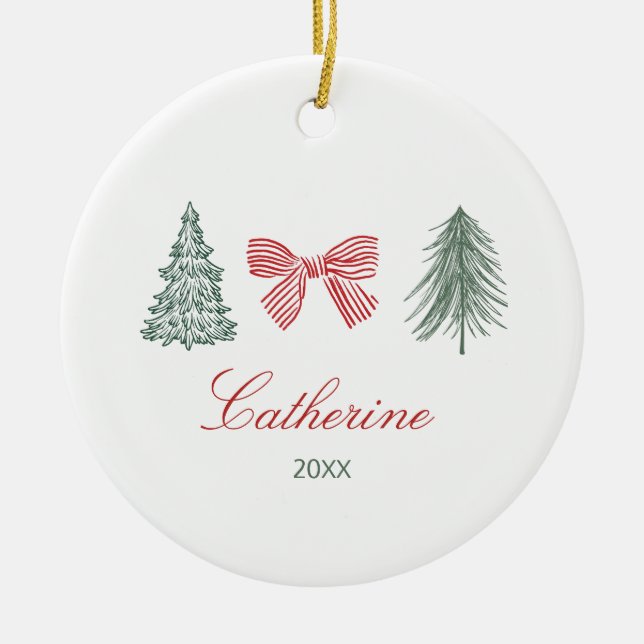 Minimalist Bow & Tree Design Custom Keepsake Ceramic Tree Decoration (Front)