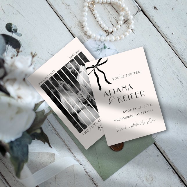 Minimalist Bow Whimsical Retro Photo Wedding  Save The Date (Creator Uploaded)