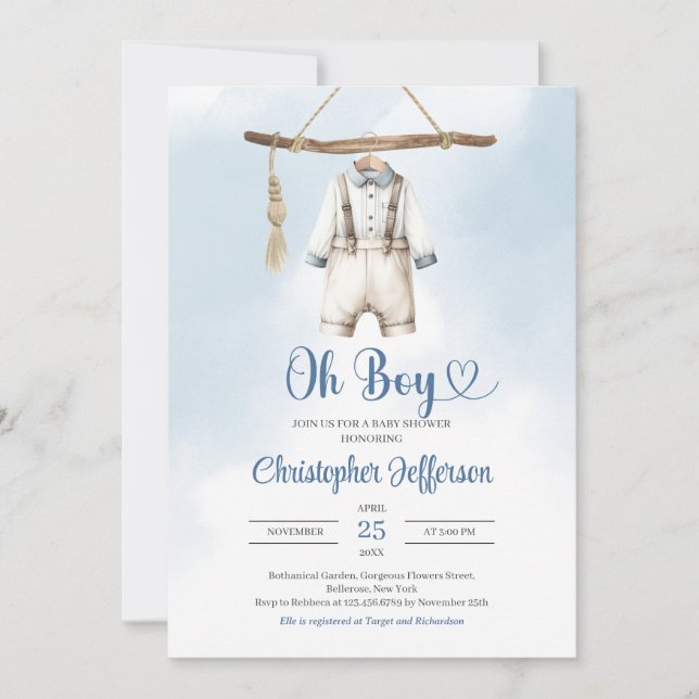 Minimalist Boy Blue and White Clothes Baby Shower Invitation (Front)