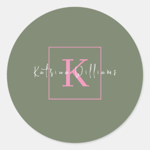 Minimalist Branding Logo Sage Green Pink Monogram Classic Round Sticker