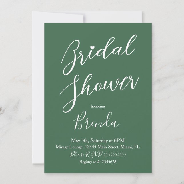 Minimalist  Bridal Shower Emerald Green Heart Invitation (Front)