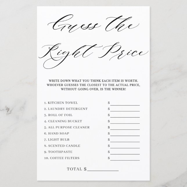Minimalist Bridal Shower Guess Right Price Game (Front)