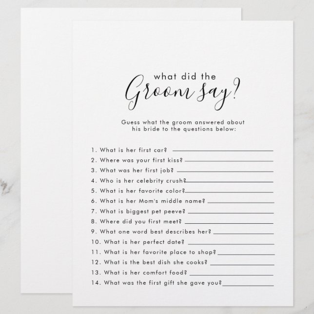 Minimalist Bridal Shower What did the Groom Say (Front/Back)
