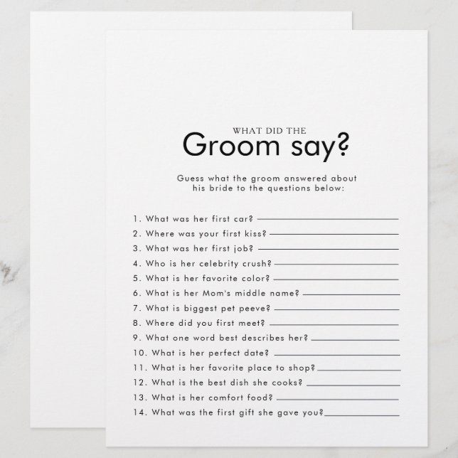 Minimalist Bridal Shower What did the Groom Say (Front/Back)
