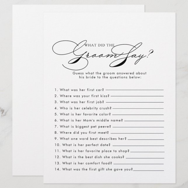 Minimalist Bridal Shower What did the Groom Say (Front/Back)