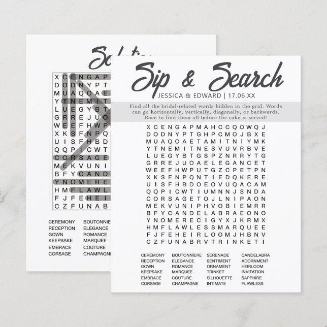 Minimalist Bridal Shower Word Search Simple Modern (Front/Back)