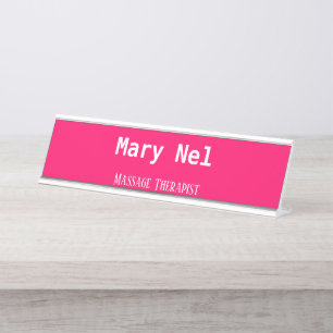 Minimalist bright pink and white desk name plate