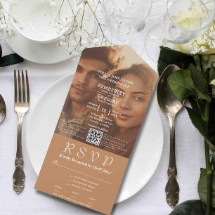 Minimalist Bronze Ivory Cream Photo QR Code Email All In One Invitation