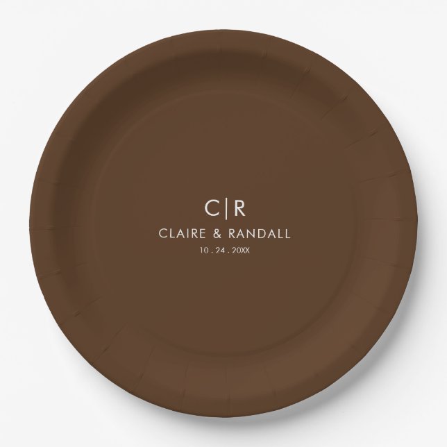 Minimalist Brown and White Wedding Paper Plate (Front)