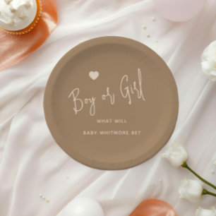 Minimalist Brown Boy or Girl Gender Reveal Paper Plate