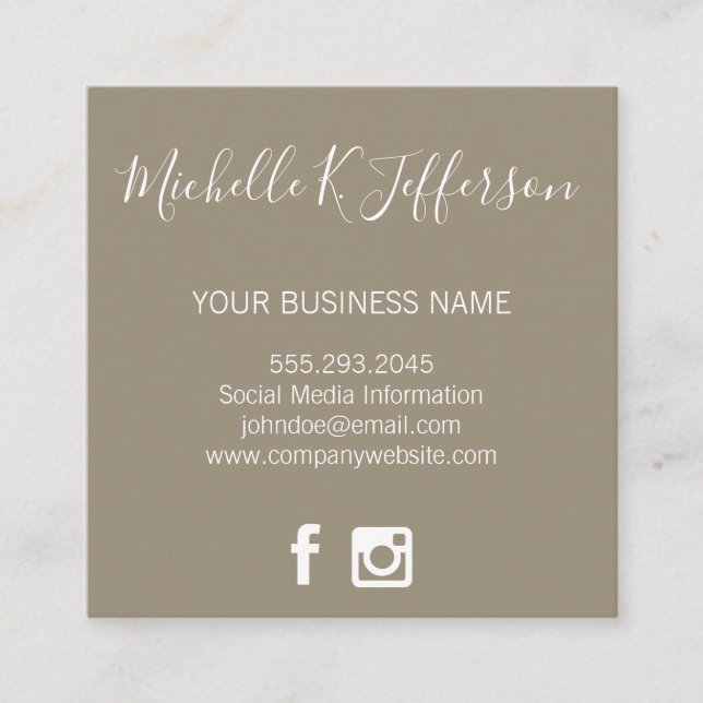 Minimalist Brown Cursive Text Social Media Icons Square Business Card (Front)