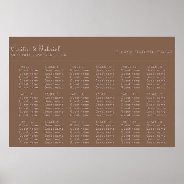 Minimalist Brown Evening Wedding Seating Chart (Front)