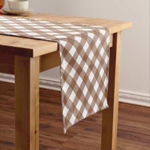 Minimalist Brown Gingham Plaid Pattern Short Table Runner