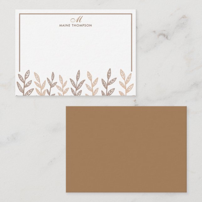 Minimalist Brown Leaves Script Monogram Card (Front/Back)
