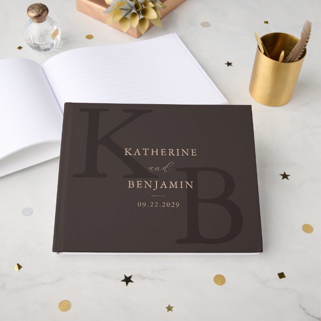Minimalist Brown Monogram Modern Wedding Guest Book (Front Open)