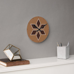 Minimalist Brown Rhombus Tile Blossom Round Clock