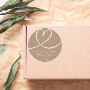 Minimalist Brown Tan Elegant Heart Baby Shower Classic Round Sticker