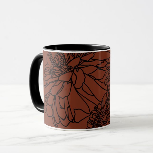 Minimalist brown terra cotta black floral drawing  mug (Front Left)