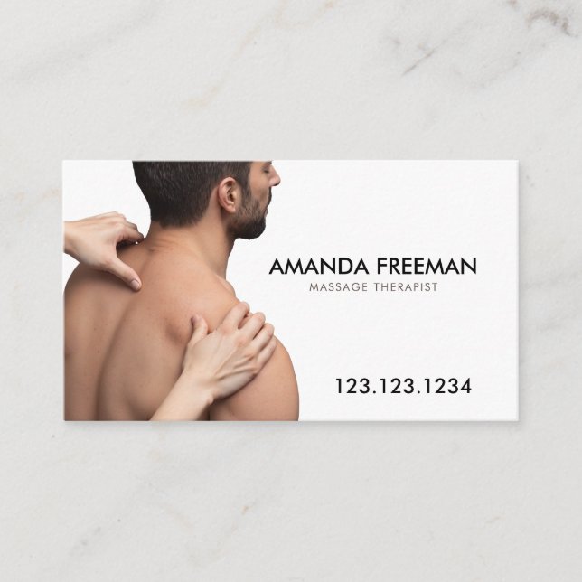 Minimalist Brown & White Massage Therapy Business Card (Front)