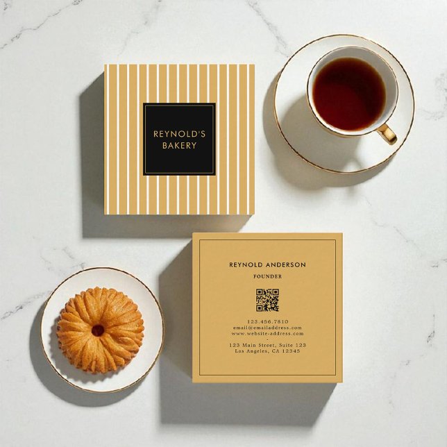 Minimalist Brown & White Stripes QR Code Bakery Square Business Card (Creator Uploaded)