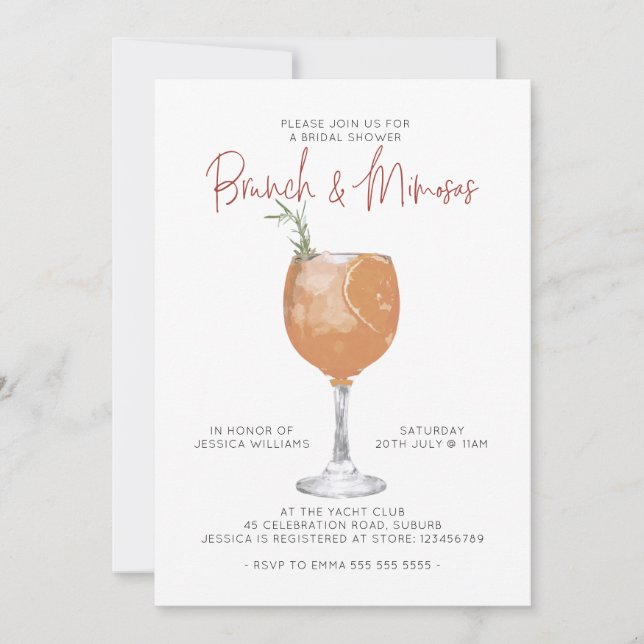 Minimalist Brunch & Mimosas Cocktail Bridal Shower Invitation (Front)