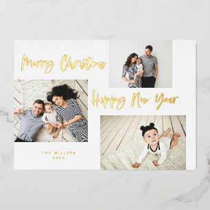 Minimalist Brush Script 3 Collage Photo Foil Holiday Card