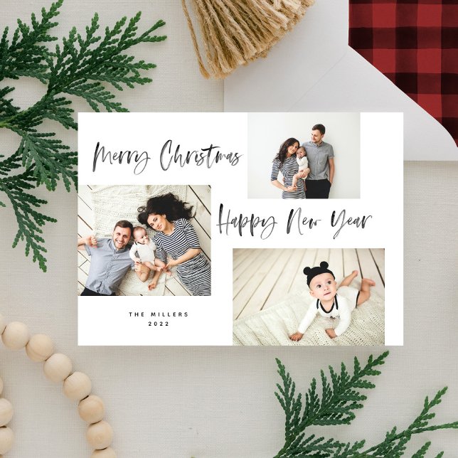 Minimalist Brush Script 3 Collage Photo Holiday Card (Creator Uploaded)
