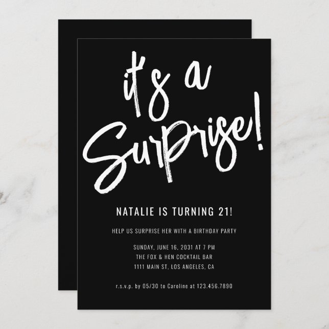 Minimalist Brush Script Surprise Birthday Party Invitation (Front/Back)