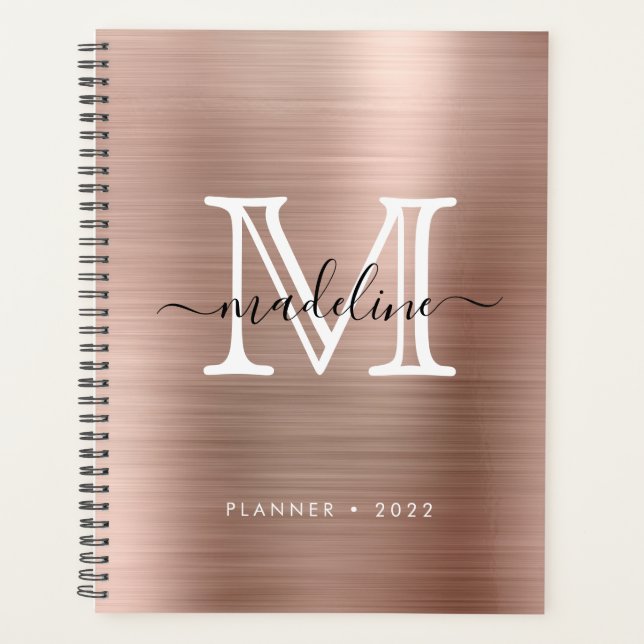 Minimalist Brushed Metal Rose Gold Modern Monogram Planner (Front)