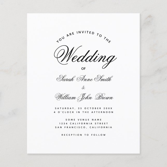 Minimalist Budget Black & White Wedding Invitation (Front)