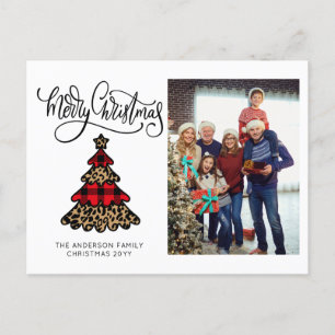 Minimalist Buffalo Plaid & Leopard Tree Photo Holiday Postcard