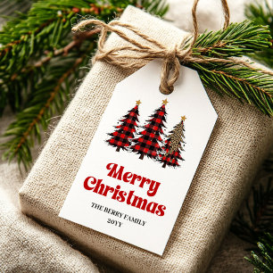 Minimalist buffalo tree gift tag festive red tones