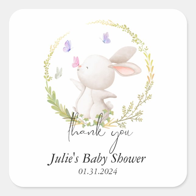 Minimalist Bunny and Butterflies Baby Shower Square Sticker (Front)