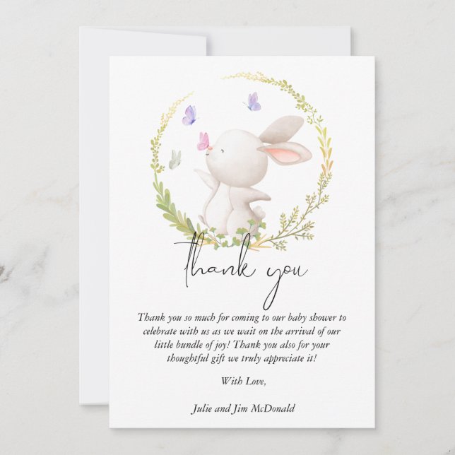 Minimalist Bunny and Butterflies Baby Shower Thank You Card (Front)