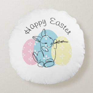 Minimalist Bunny Line Art Easter Eggs Spring  Round Cushion