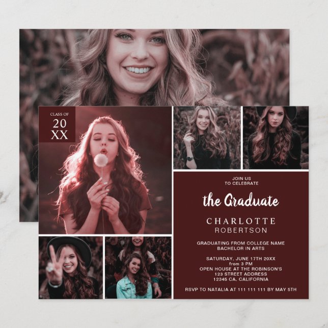 Minimalist burgundy 6 photos collage graduation invitation (Front/Back)