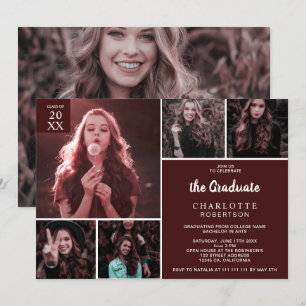 Minimalist burgundy 6 photos collage graduation invitation