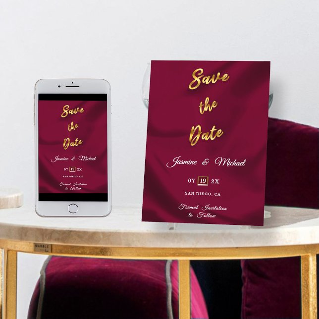 Minimalist Burgundy and Gold Boho Rustic Wedding  Save The Date (Creator Uploaded)