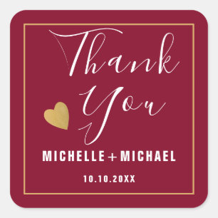 Minimalist Burgundy And Gold Wedding Thank You Square Sticker