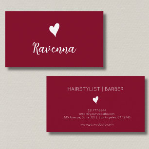 Minimalist Burgundy and White Heart Barber Name Business Card