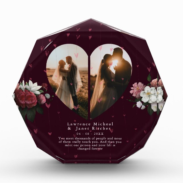 minimalist Burgundy Custom Heart shape couples Photo Block (Front)