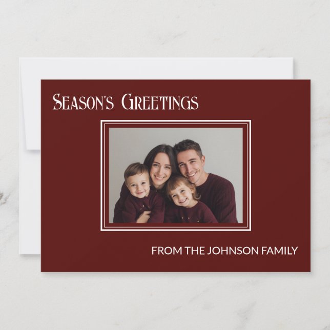 Minimalist Burgundy Family Photo Holiday Card (Front)
