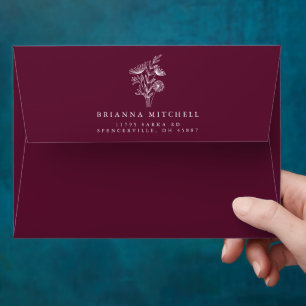 Minimalist Burgundy Floral Boho Elegant Wedding Envelope